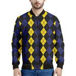 Yellow Black And Blue Argyle Print Men's Bomber Jacket