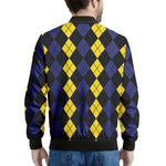 Yellow Black And Blue Argyle Print Men's Bomber Jacket