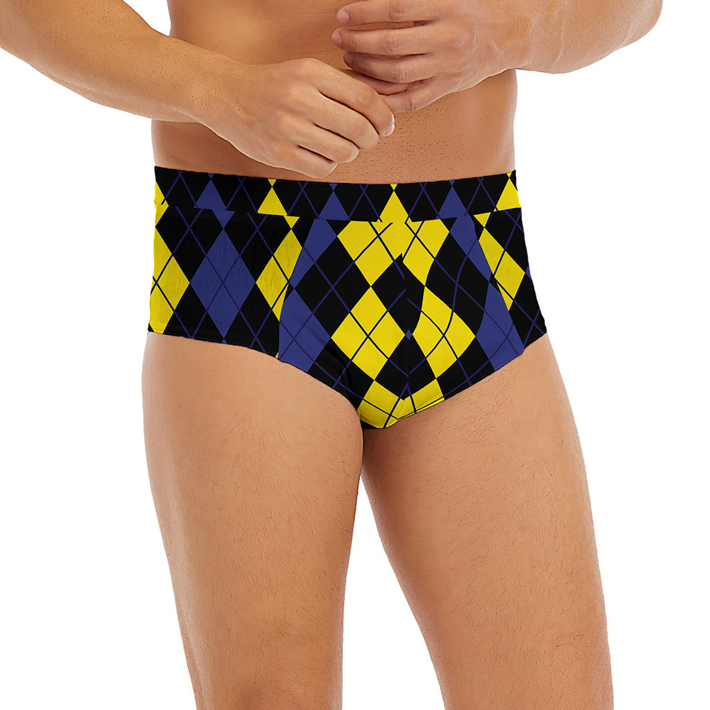 Yellow Black And Blue Argyle Print Men's Briefs