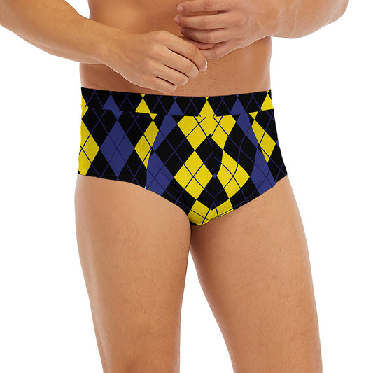 Yellow Black And Blue Argyle Print Men's Briefs