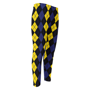 Yellow Black And Blue Argyle Print Men's Compression Pants