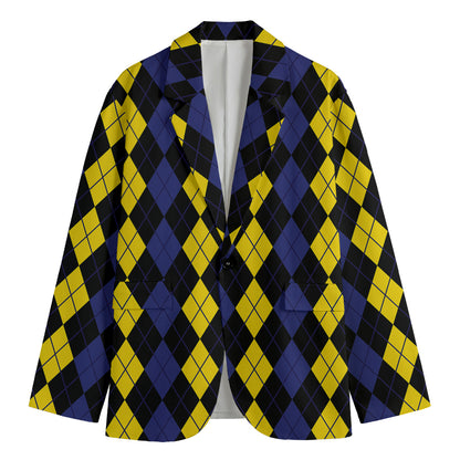 Yellow Black And Blue Argyle Print Men's Cotton Blazer