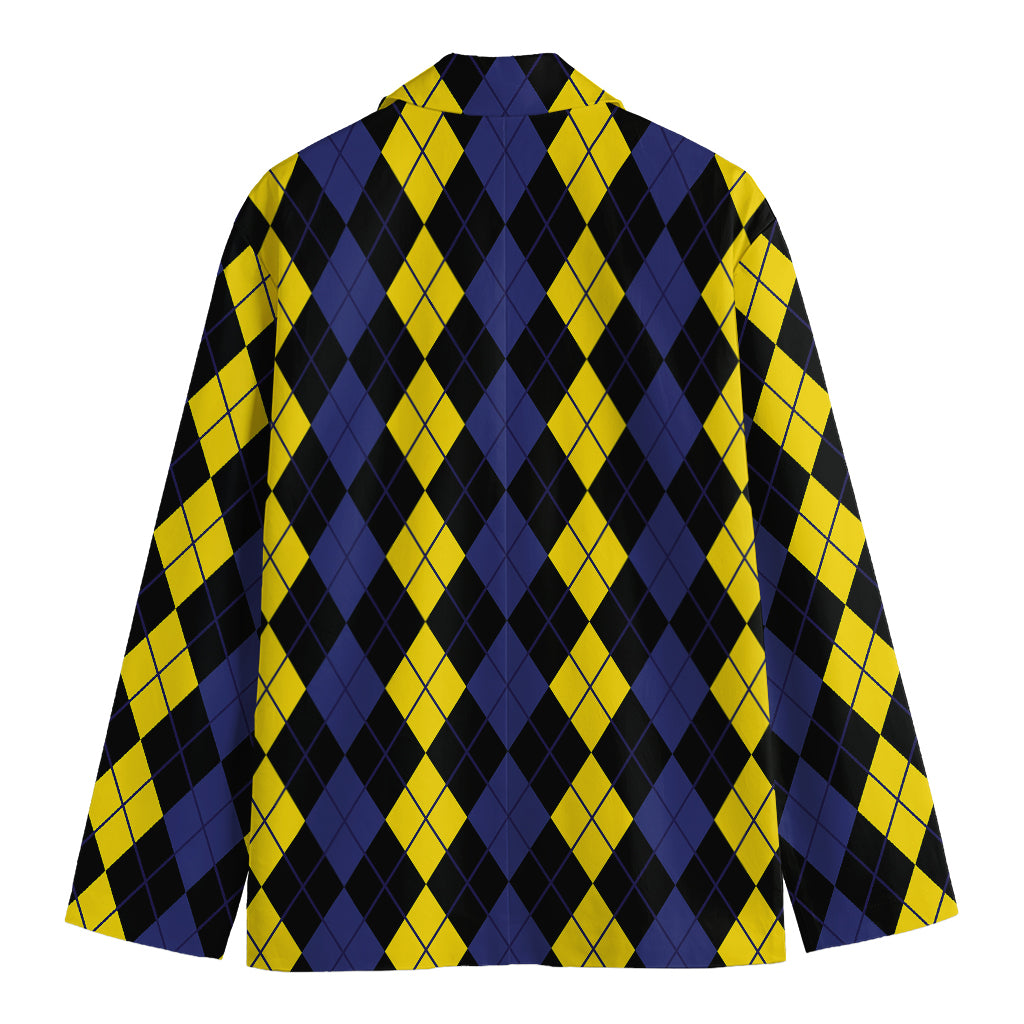 Yellow Black And Blue Argyle Print Men's Cotton Blazer