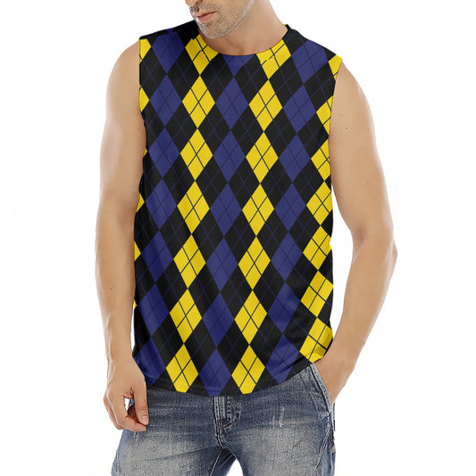 Yellow Black And Blue Argyle Print Men's Fitness Tank Top