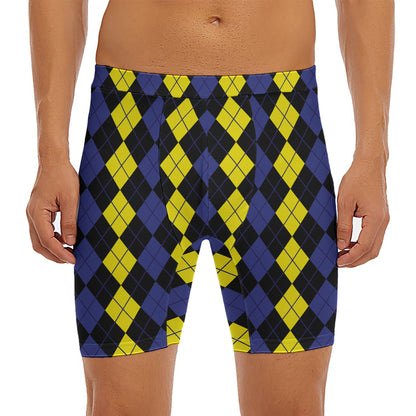 Yellow Black And Blue Argyle Print Men's Long Boxer Briefs