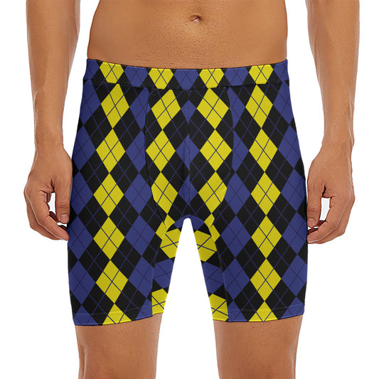 Yellow Black And Blue Argyle Print Men's Long Boxer Briefs