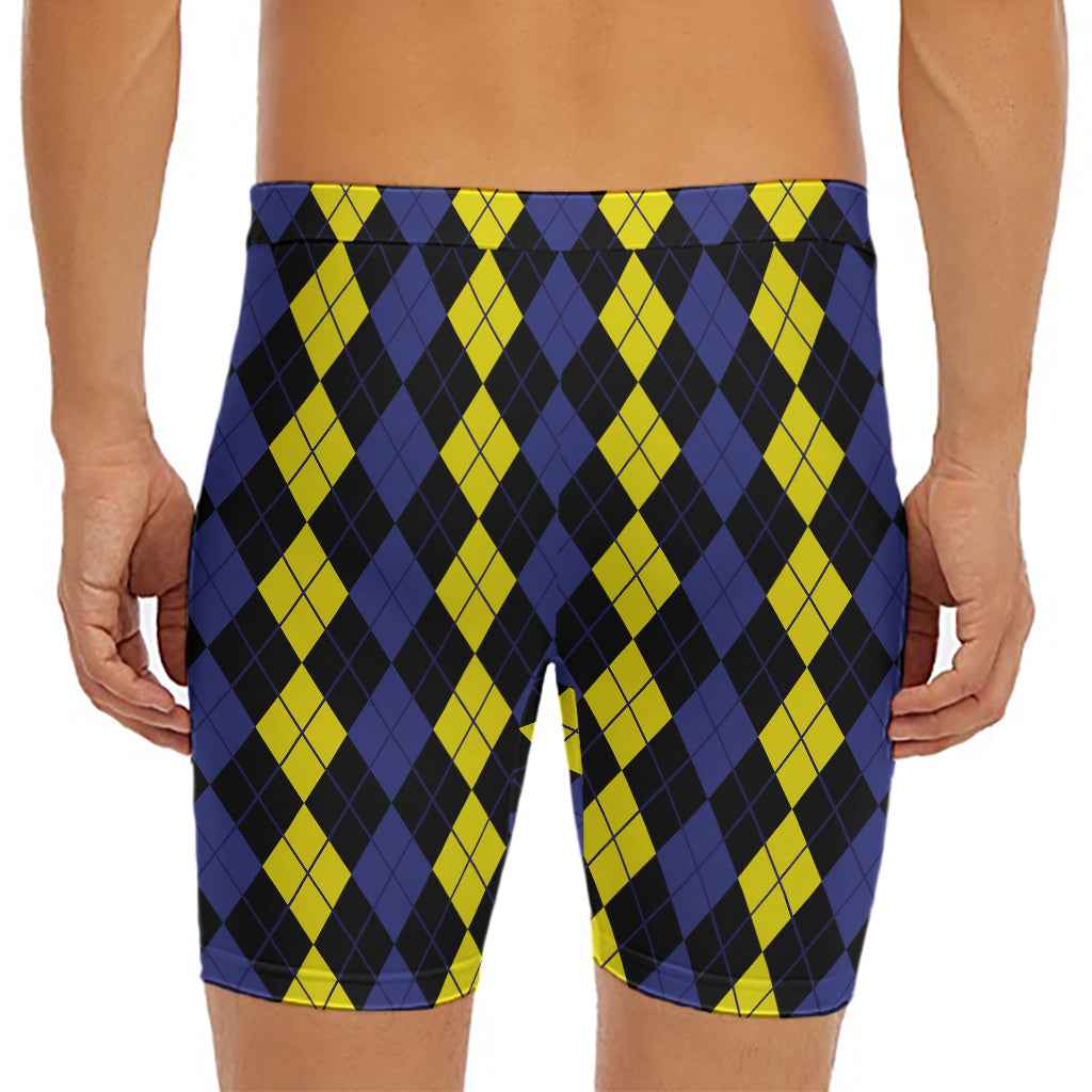 Yellow Black And Blue Argyle Print Men's Long Boxer Briefs