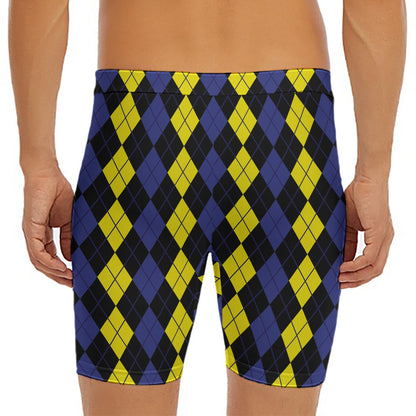 Yellow Black And Blue Argyle Print Men's Long Boxer Briefs