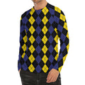 Yellow Black And Blue Argyle Print Men's Long Sleeve Rash Guard