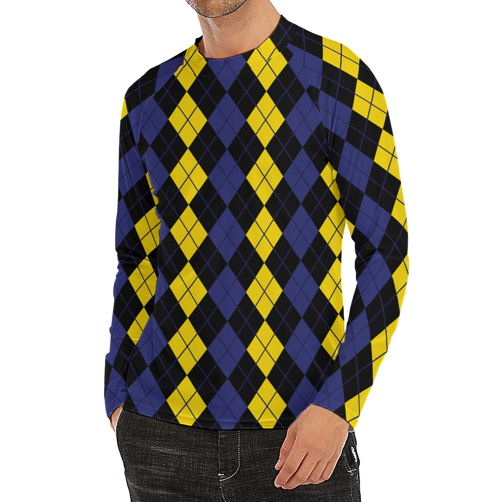 Yellow Black And Blue Argyle Print Men's Long Sleeve Rash Guard
