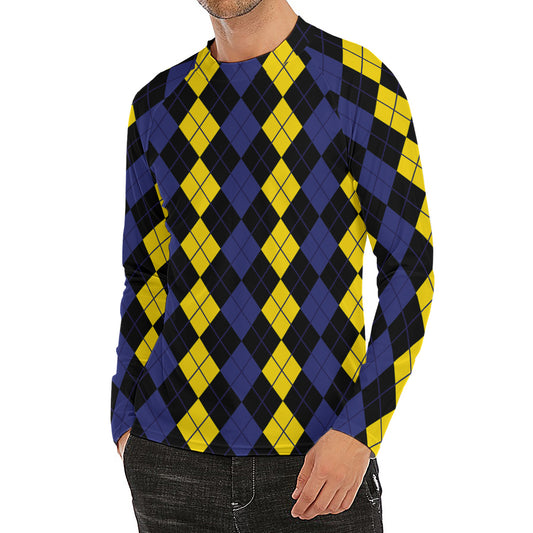 Yellow Black And Blue Argyle Print Men's Long Sleeve Rash Guard