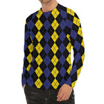 Yellow Black And Blue Argyle Print Men's Long Sleeve Rash Guard