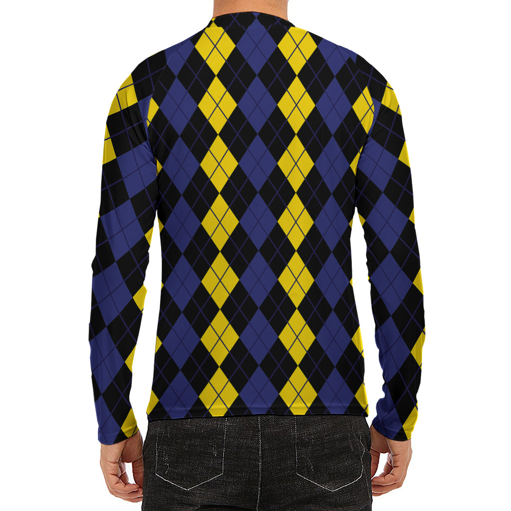 Yellow Black And Blue Argyle Print Men's Long Sleeve Rash Guard