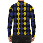 Yellow Black And Blue Argyle Print Men's Long Sleeve Rash Guard