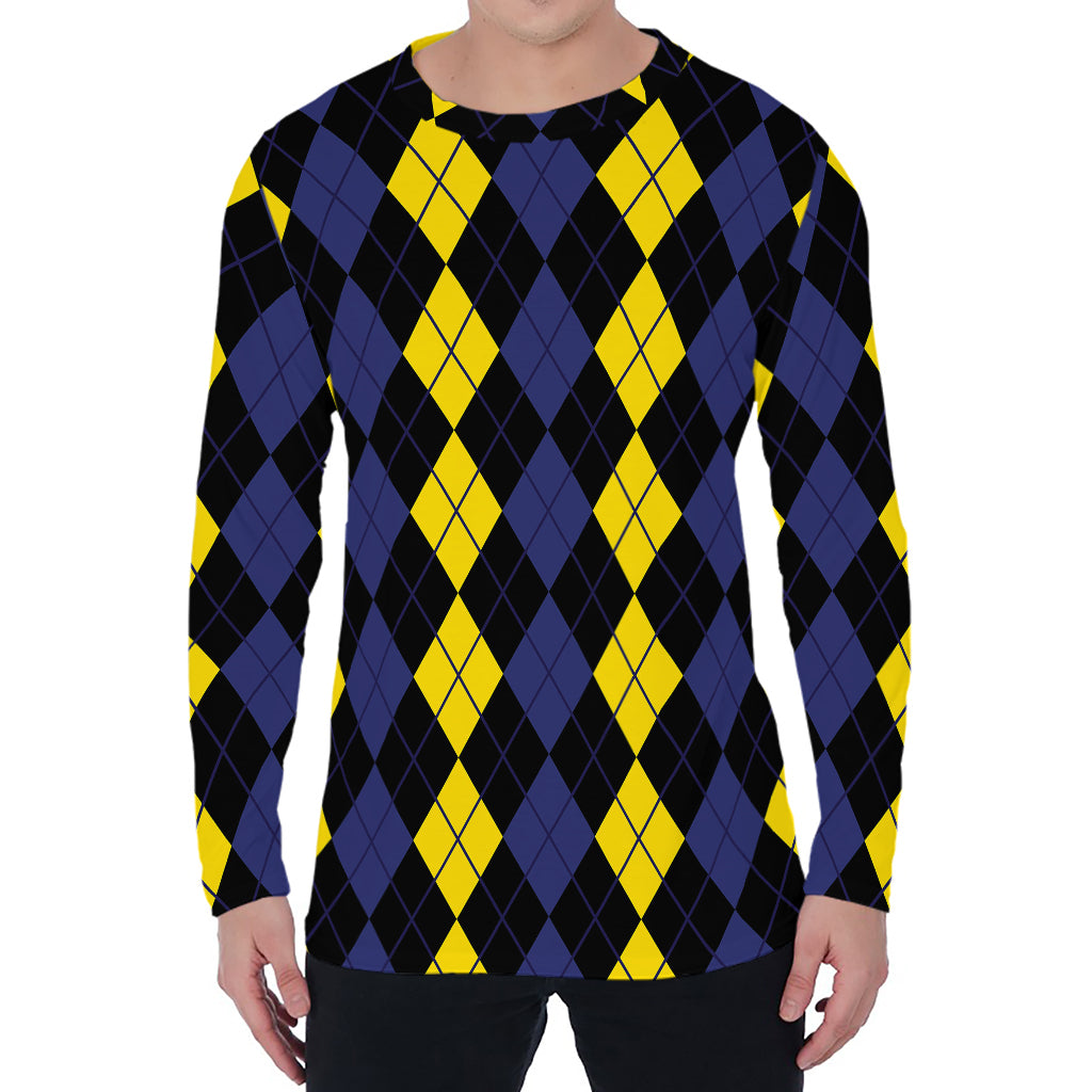 Yellow Black And Blue Argyle Print Men's Long Sleeve T-Shirt