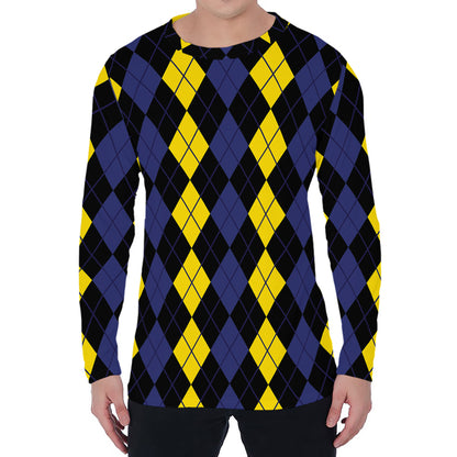 Yellow Black And Blue Argyle Print Men's Long Sleeve T-Shirt