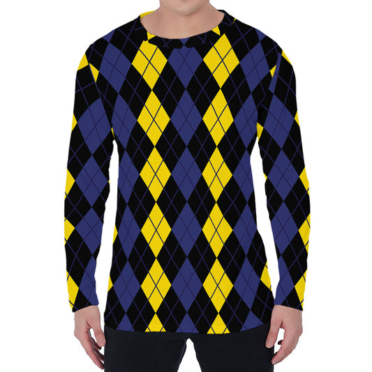 Yellow Black And Blue Argyle Print Men's Long Sleeve T-Shirt