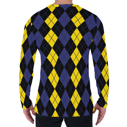 Yellow Black And Blue Argyle Print Men's Long Sleeve T-Shirt