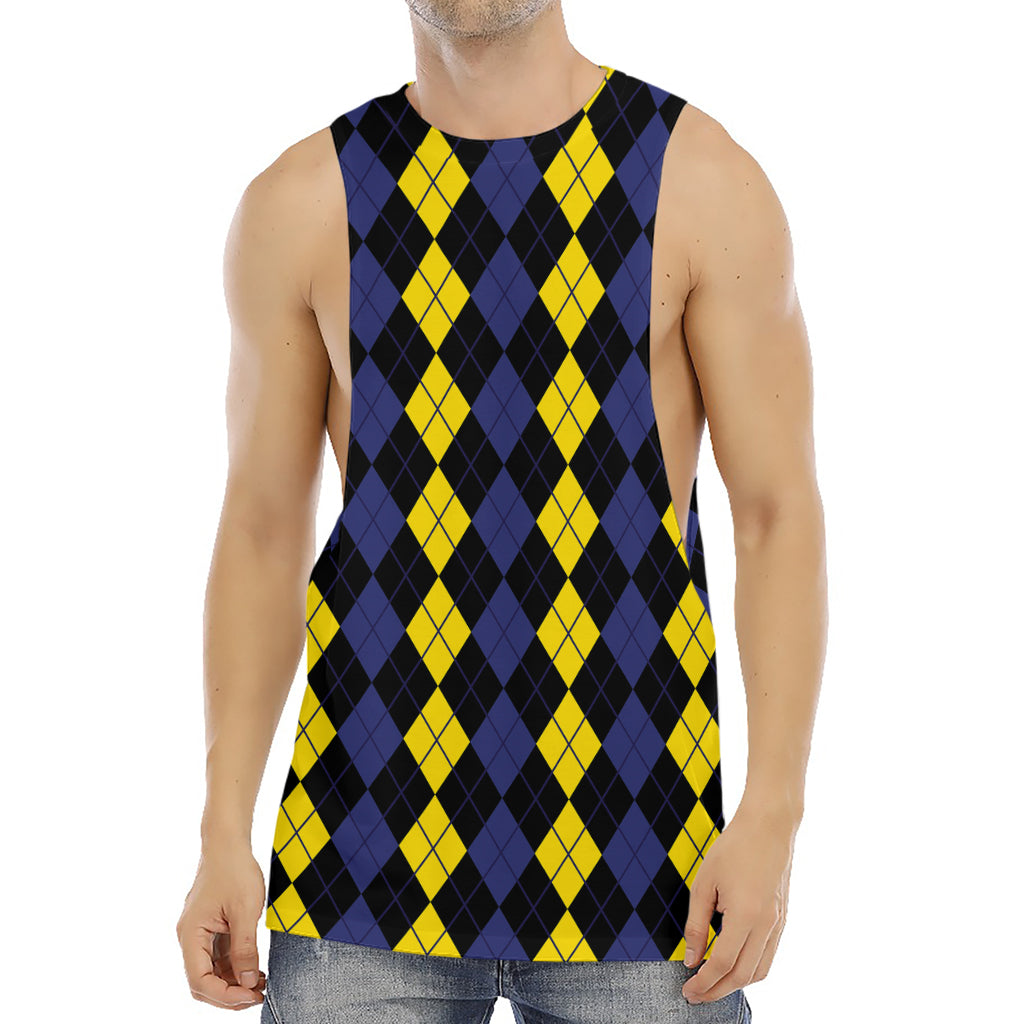 Yellow Black And Blue Argyle Print Men's Muscle Tank Top