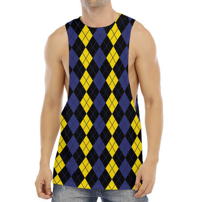 Yellow Black And Blue Argyle Print Men's Muscle Tank Top
