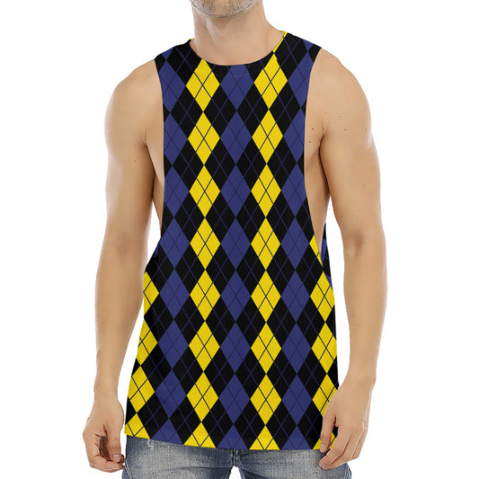 Yellow Black And Blue Argyle Print Men's Muscle Tank Top