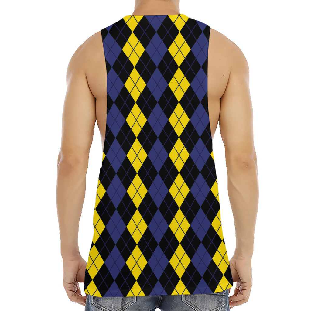 Yellow Black And Blue Argyle Print Men's Muscle Tank Top