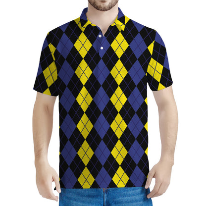 Yellow Black And Blue Argyle Print Men's Polo Shirt