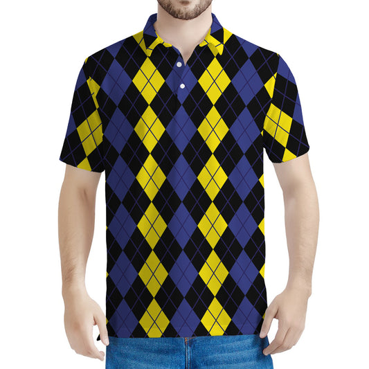 Yellow Black And Blue Argyle Print Men's Polo Shirt