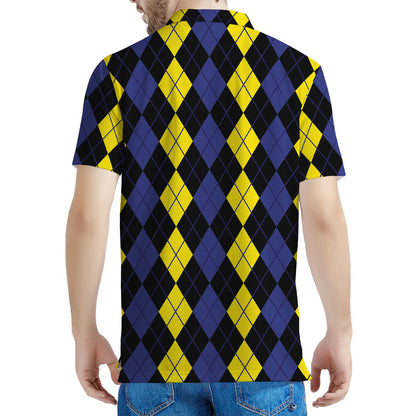 Yellow Black And Blue Argyle Print Men's Polo Shirt