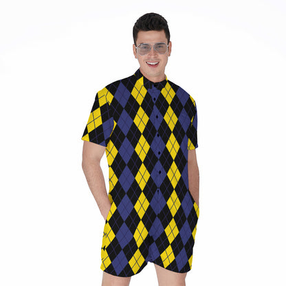 Yellow Black And Blue Argyle Print Men's Rompers