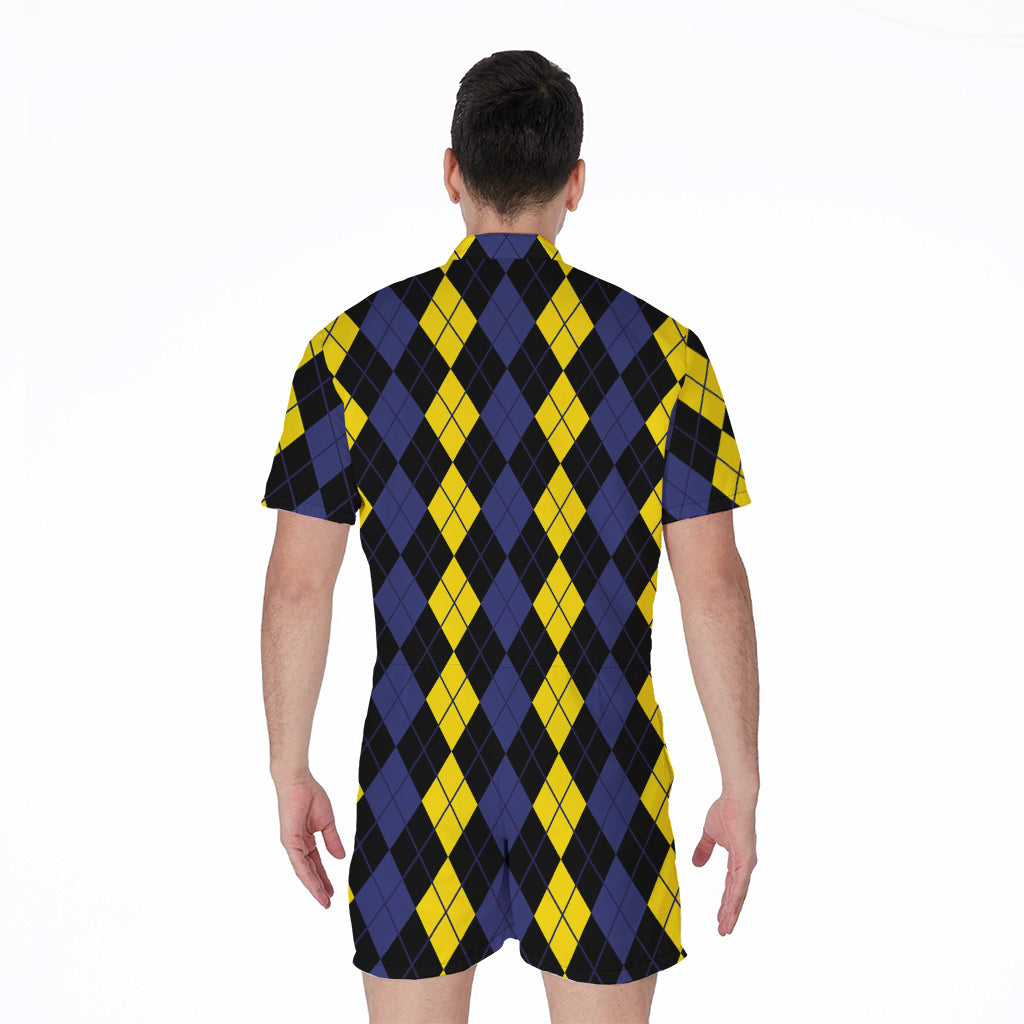 Yellow Black And Blue Argyle Print Men's Rompers