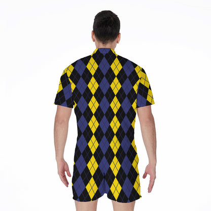 Yellow Black And Blue Argyle Print Men's Rompers