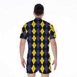 Yellow Black And Blue Argyle Print Men's Rompers