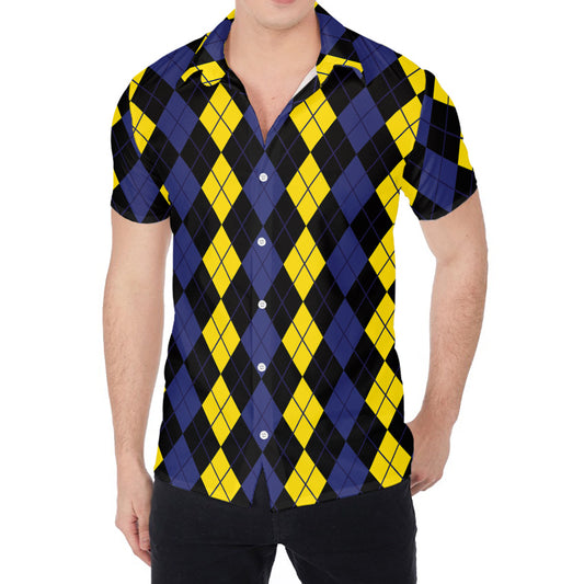 Yellow Black And Blue Argyle Print Men's Shirt