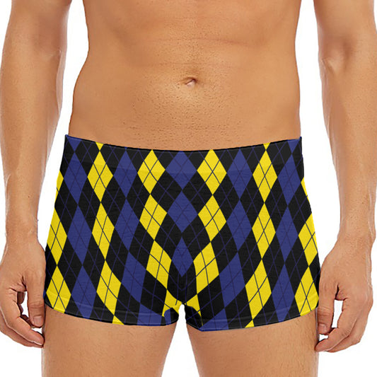 Yellow Black And Blue Argyle Print Men's Short Boxer Briefs