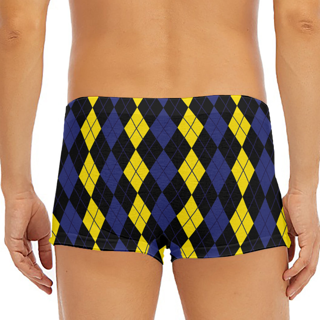 Yellow Black And Blue Argyle Print Men's Short Boxer Briefs
