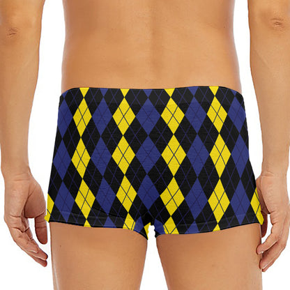 Yellow Black And Blue Argyle Print Men's Short Boxer Briefs