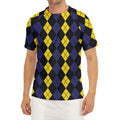 Yellow Black And Blue Argyle Print Men's Short Sleeve Rash Guard