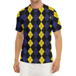 Yellow Black And Blue Argyle Print Men's Short Sleeve Rash Guard