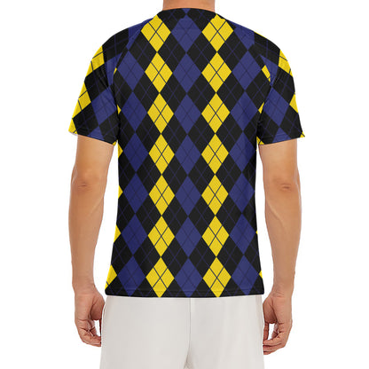 Yellow Black And Blue Argyle Print Men's Short Sleeve Rash Guard