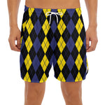 Yellow Black And Blue Argyle Print Men's Split Running Shorts