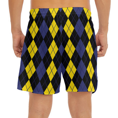 Yellow Black And Blue Argyle Print Men's Split Running Shorts