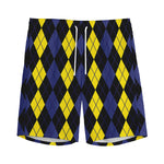 Yellow Black And Blue Argyle Print Men's Sports Shorts