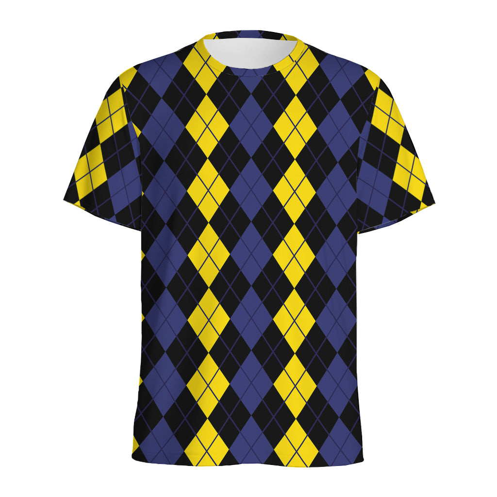 Yellow Black And Blue Argyle Print Men's Sports T-Shirt