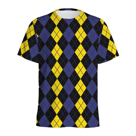 Yellow Black And Blue Argyle Print Men's Sports T-Shirt
