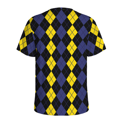 Yellow Black And Blue Argyle Print Men's Sports T-Shirt