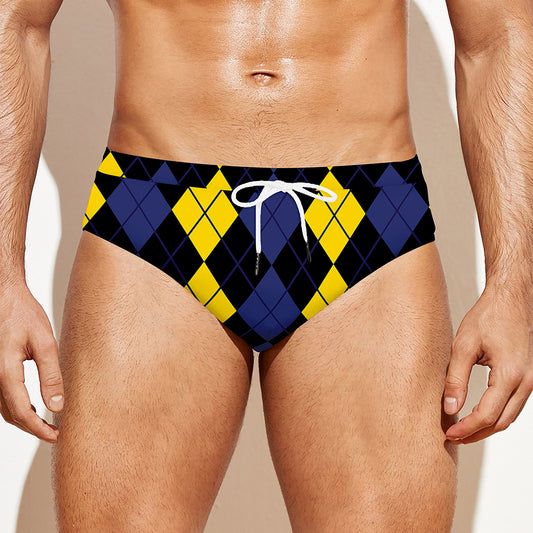 Yellow Black And Blue Argyle Print Men's Swim Briefs