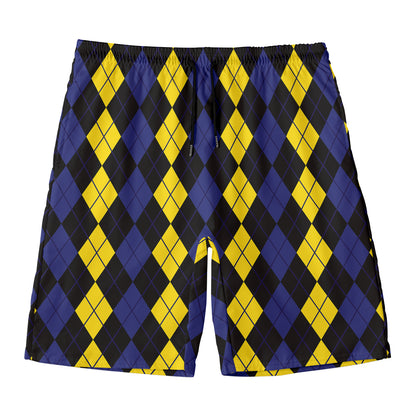 Yellow Black And Blue Argyle Print Men's Swim Trunks