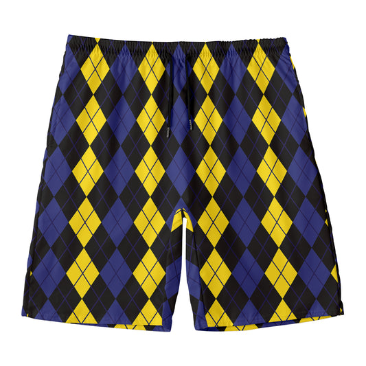 Yellow Black And Blue Argyle Print Men's Swim Trunks