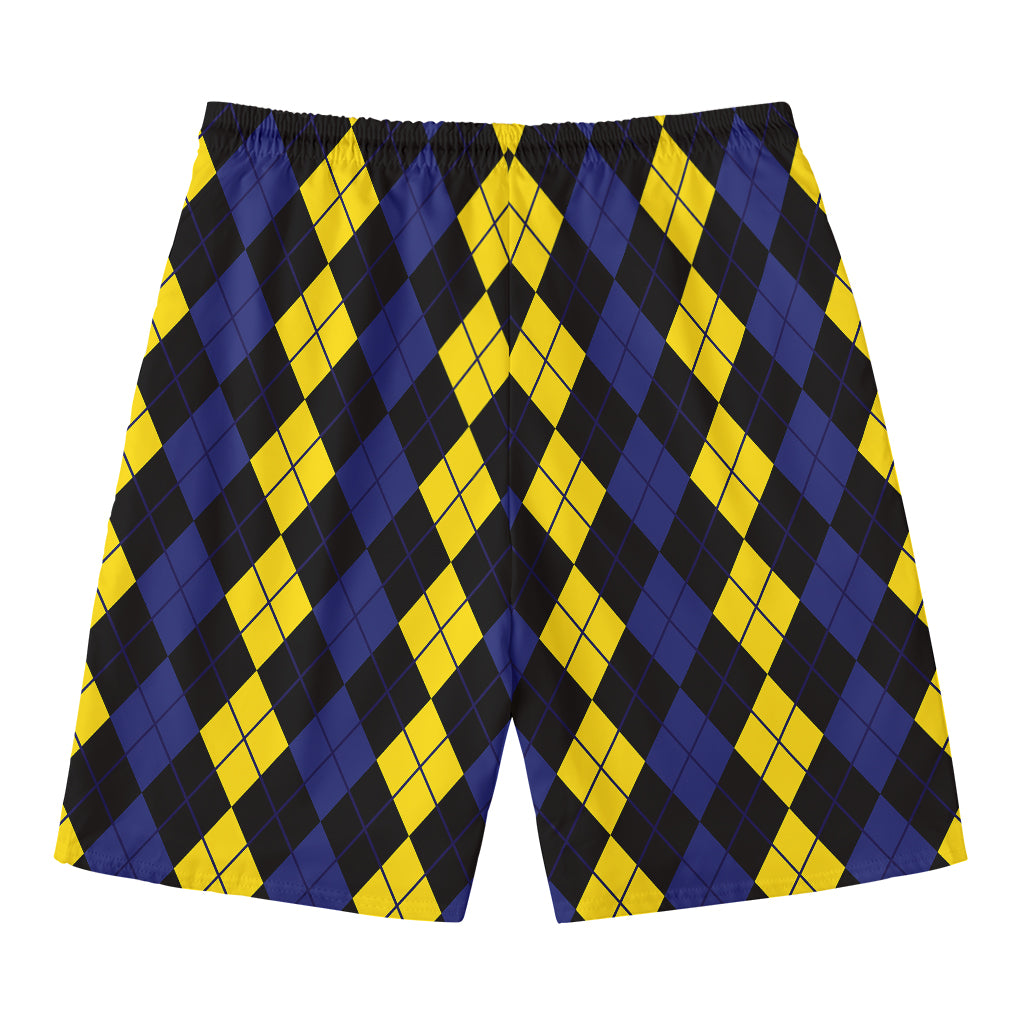 Yellow Black And Blue Argyle Print Men's Swim Trunks